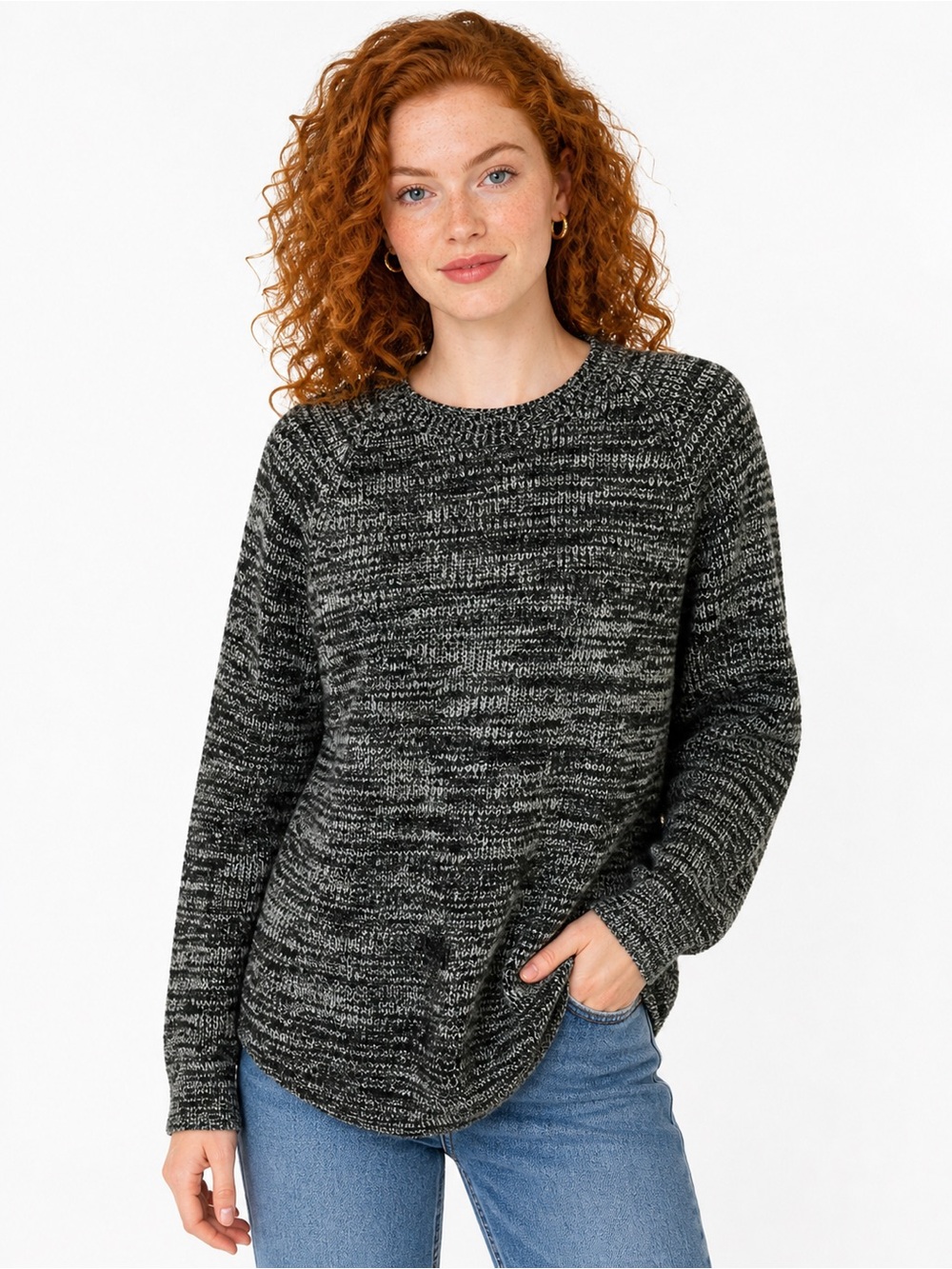 Vintage 80s Black Gray Marled Knit Sweater Oversized Slouchy Minimalist Cozy